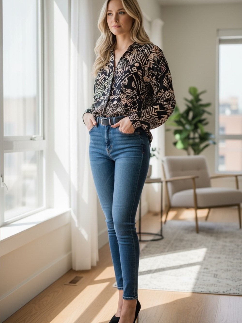 Plenty by Tracy Reese Black & Beige Geometric Long Sleeve Blouse